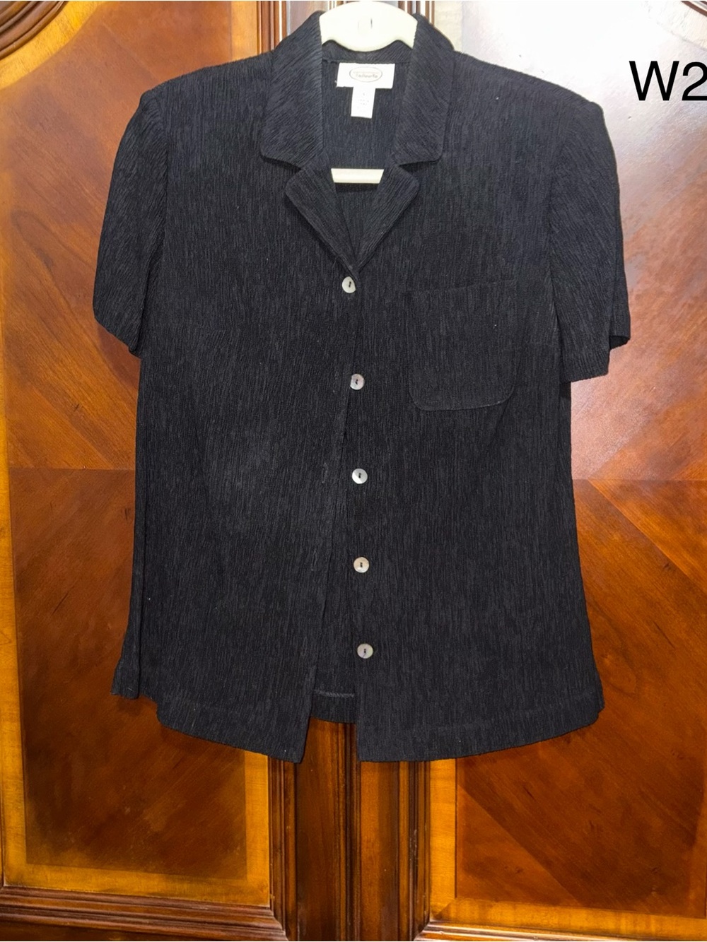 Talbots Black Short-Sleeve Textured Button-Up Blouse